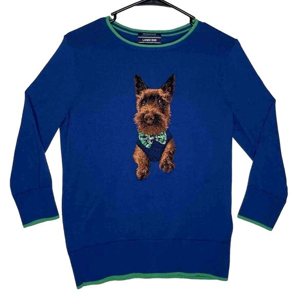 Lands' End Sweaters - Y2K Scottie Dog Graphic Sweater S Blue Cotton Knit Pullover Novelty Jumper